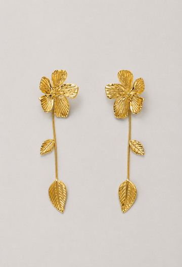Aretes Colgantes Flor y Tallo Dorados