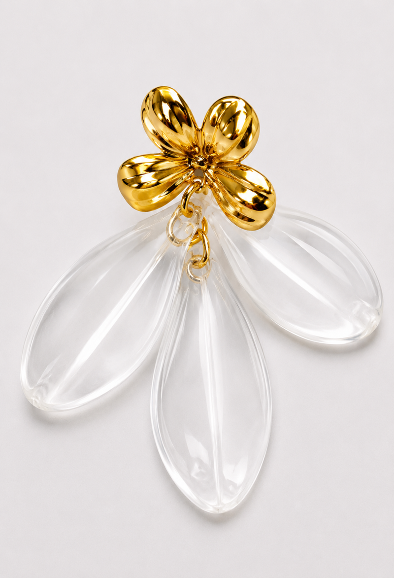 Aretes Flor Dorada Pétalos Transparentes BYBLA - vista 2