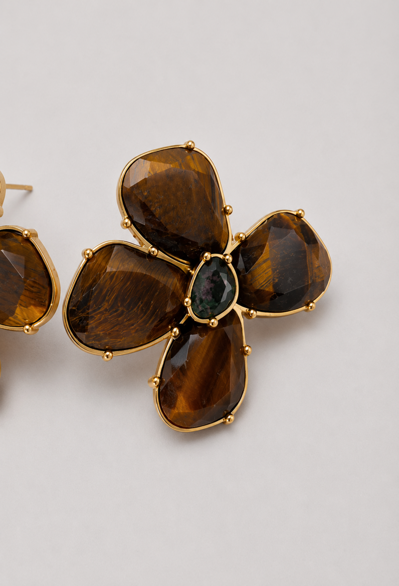 Aretes Flor Facetada Café Ojo de Tigre BYBLA - vista 2