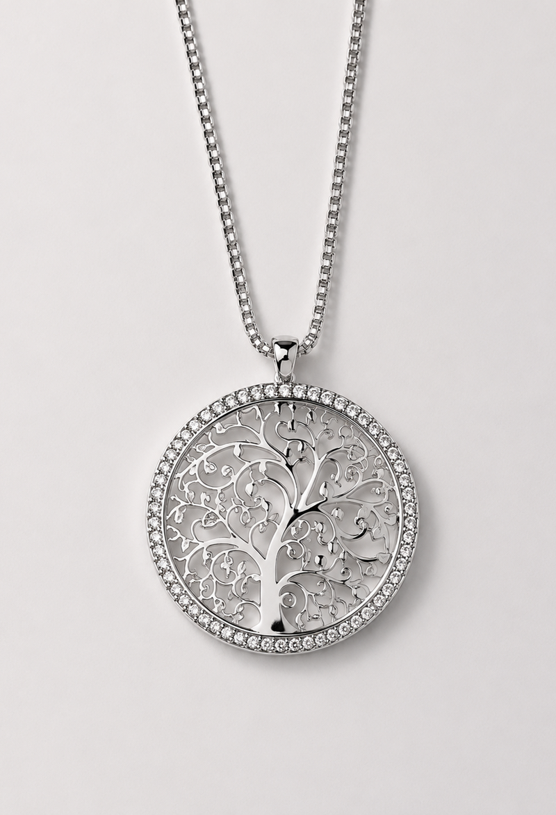 Collar plateado con medallón de árbol de la vida y borde de cristales - vista 2