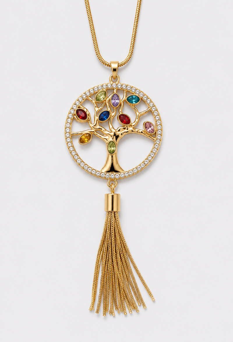 Collar largo dorado con árbol de la vida en cristales multicolor y borla - vista 2