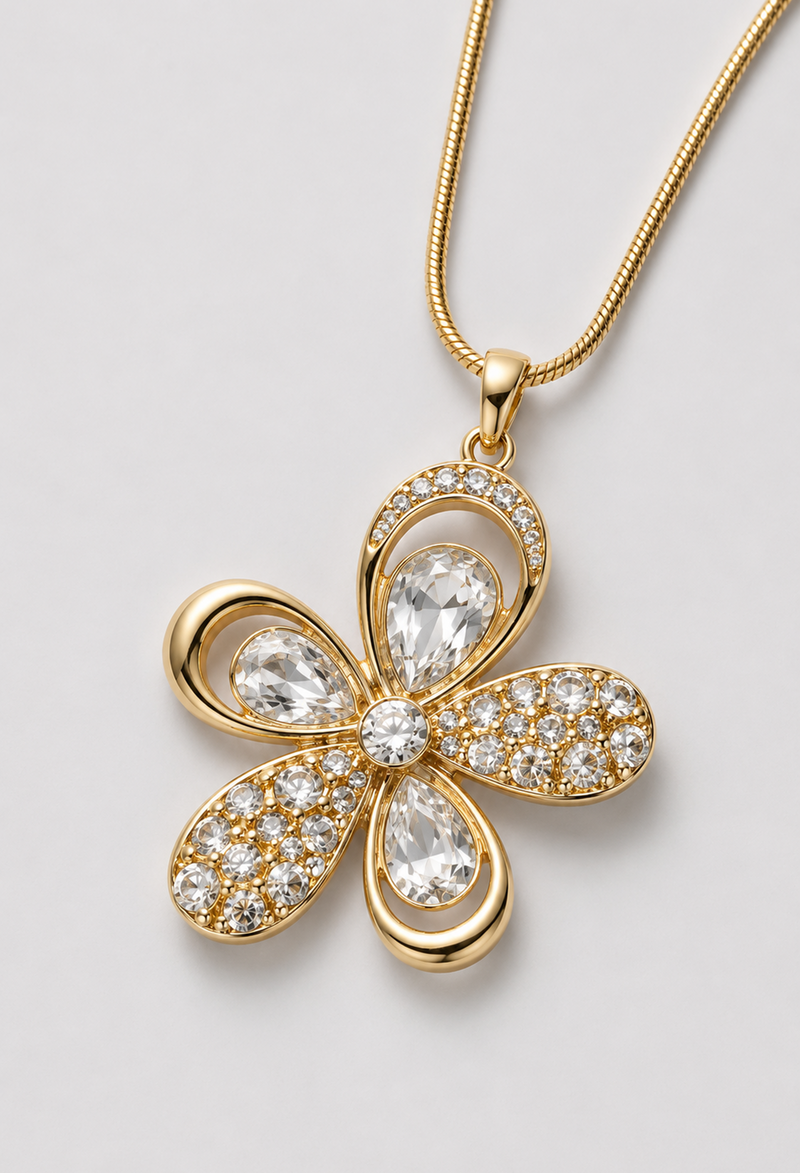 Collar dorado con dije de flor en cristales tallados y pavé - vista 2
