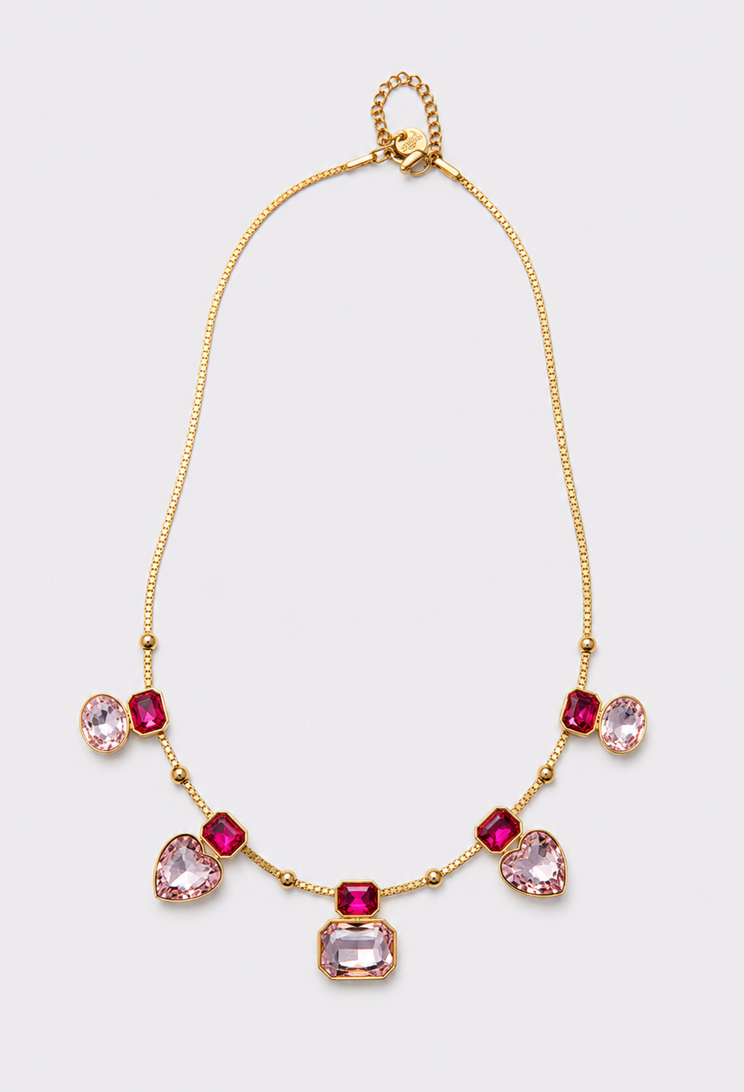 Collar de cadena dorada con cristales facetados de colores y dijes de corazón - Rosas