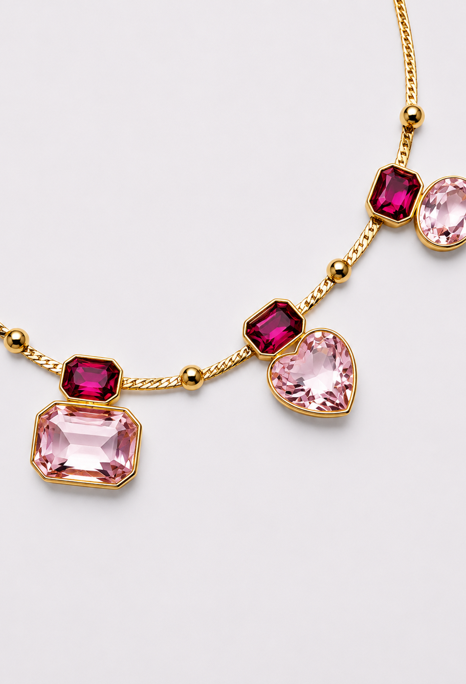 Collar de cadena dorada con cristales facetados de colores y dijes de corazón - Rosas - vista 2