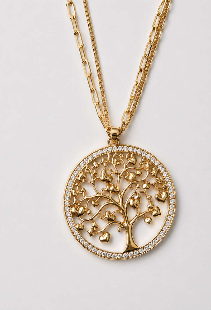 Collar largo dorado de doble cadena con medallón árbol de la vida y aro de circonias - vista 2