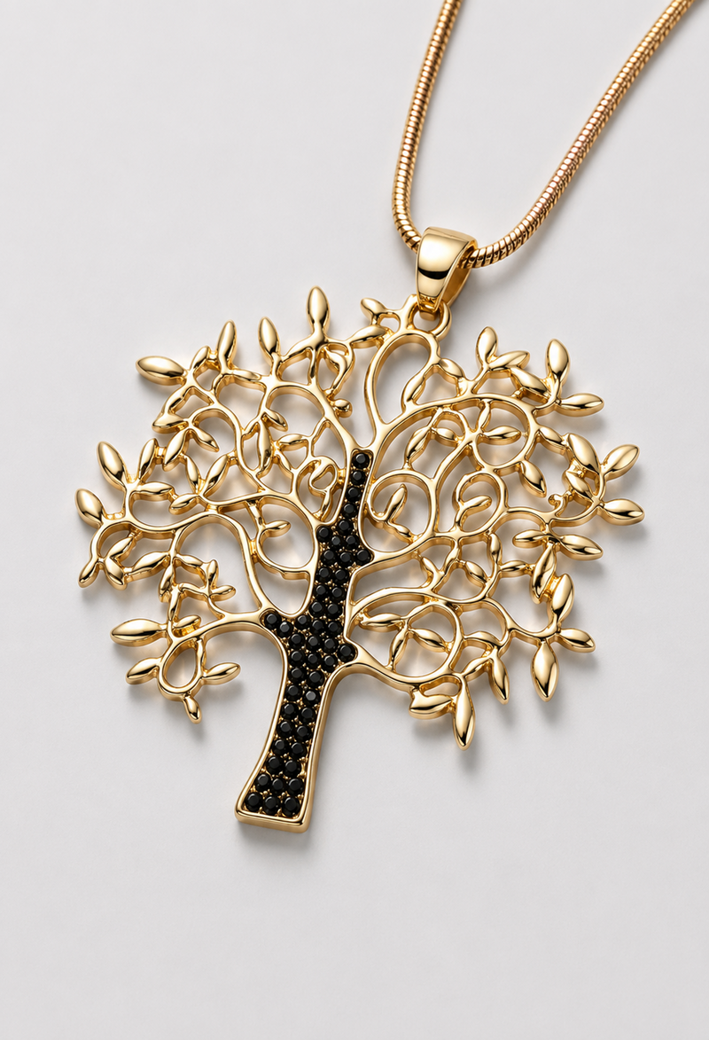 Collar largo de cadena dorada con dije de árbol de la vida y cristales negros - vista 2
