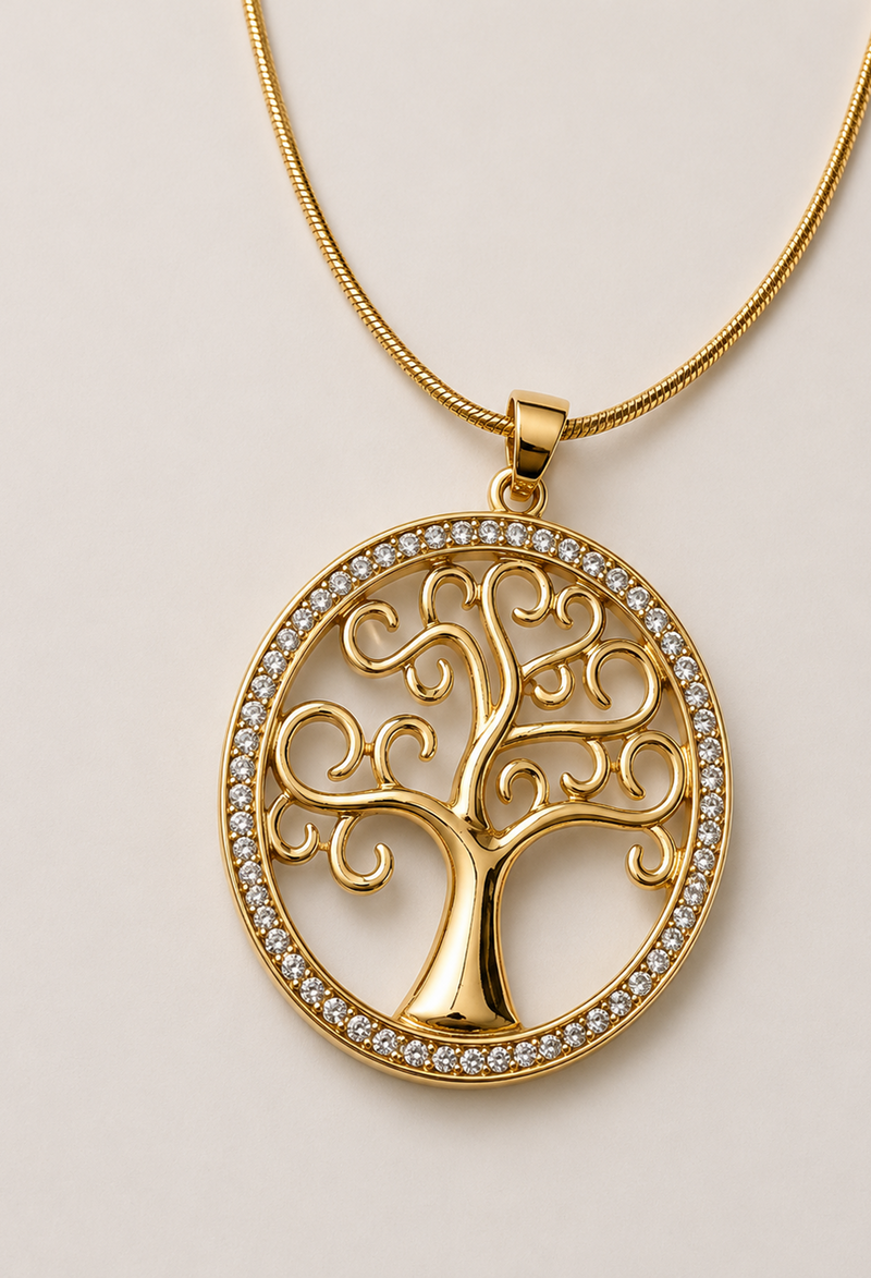 Collar de cadena dorada con medallón calado de árbol de la vida y cristales - vista 2