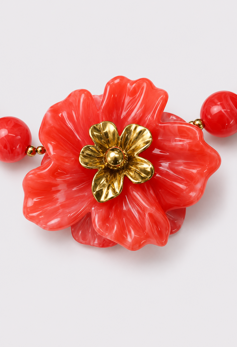 Collar corto de bolas marmoladas con flor central de resina y centro dorado - Rosas - vista 2