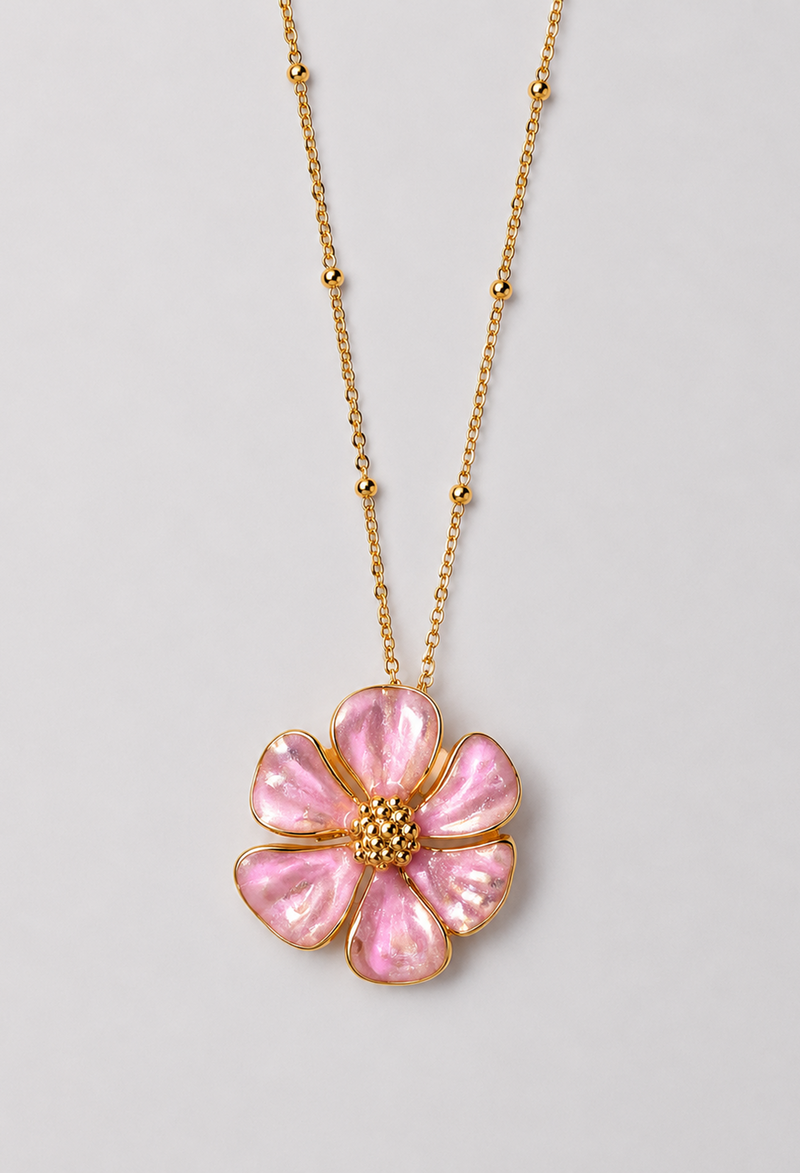 Collar de cadena dorada con bolitas y flor de pétalos símil nácar - Rosas - vista 2
