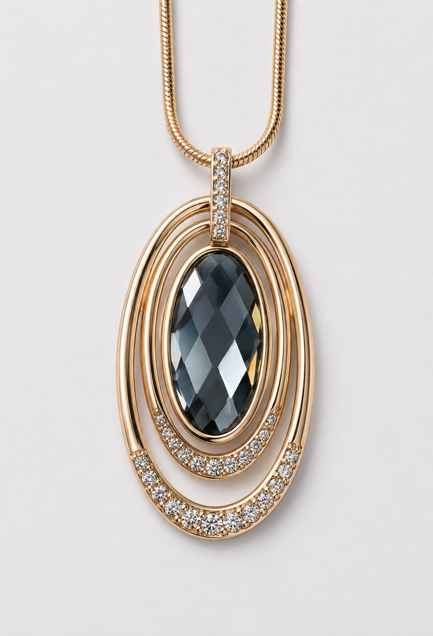 Collar largo dorado con óvalos de pedrería y cristal gris humo - vista 2