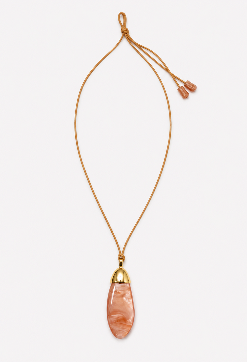 Collar de cordón camel con piedra de resina durazno y capuchón dorado