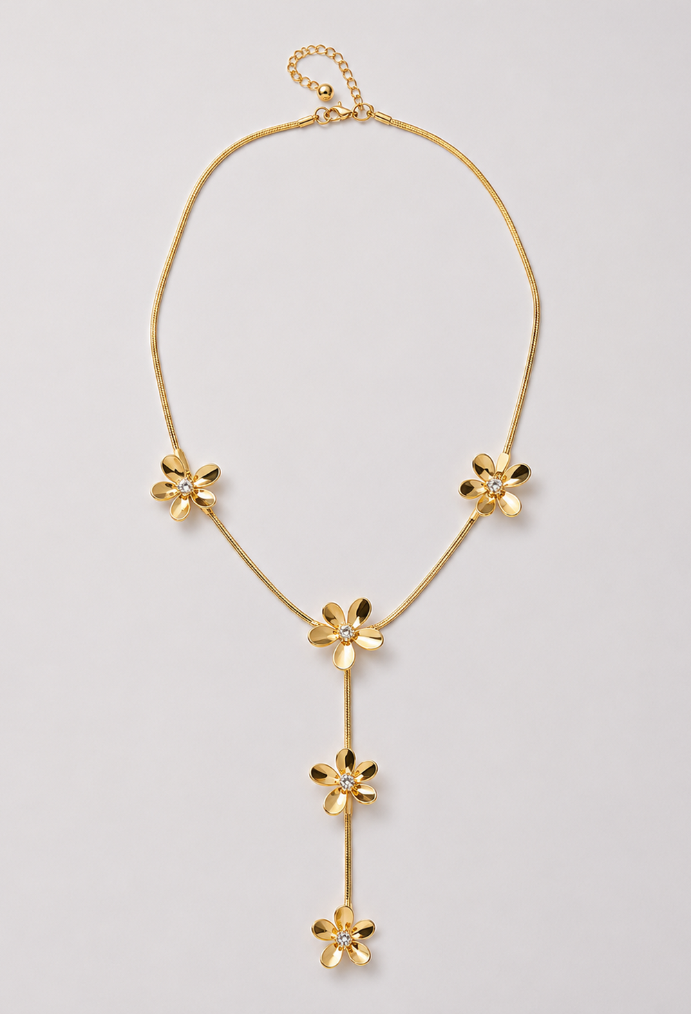 Collar en Y de cadena serpiente dorada con flores y cristales