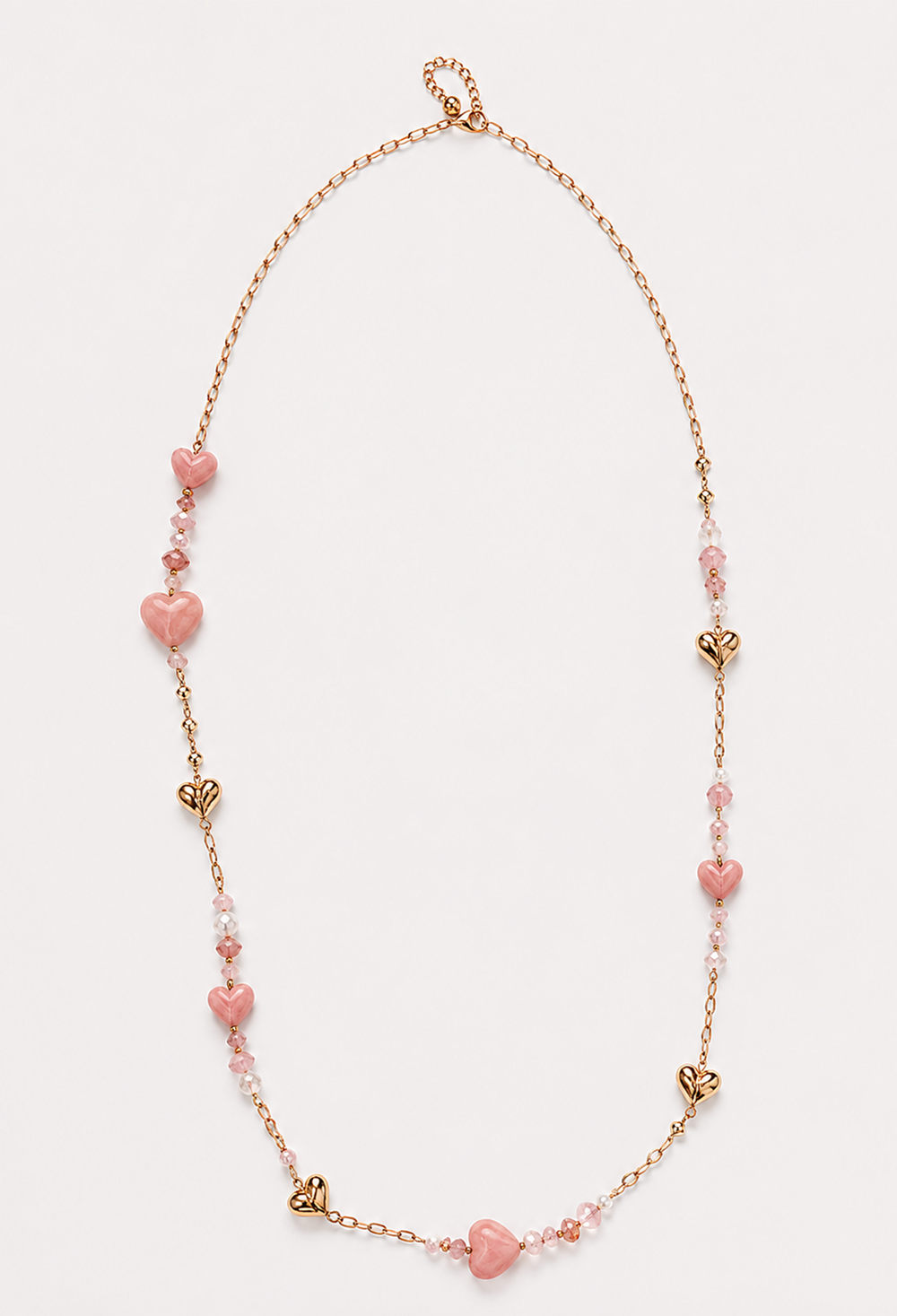 Collar largo de cadena dorada con corazones y cristales facetados - Rosas