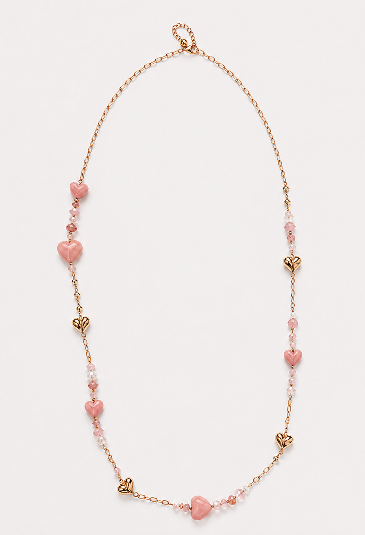 Collar largo de cadena dorada con corazones y cristales facetados - Rosas