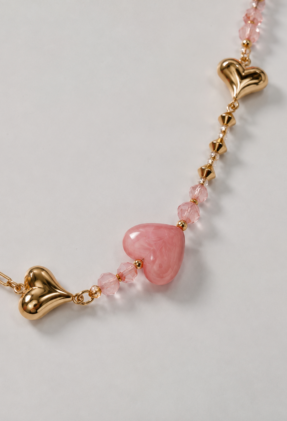 Collar largo de cadena dorada con corazones y cristales facetados - Rosas - vista 2