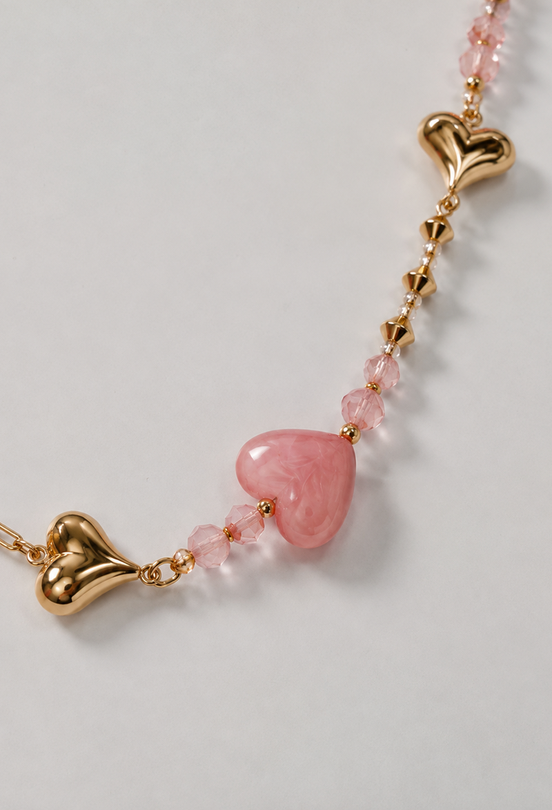 Collar largo de cadena dorada con corazones y cristales facetados - Rosas - vista 2