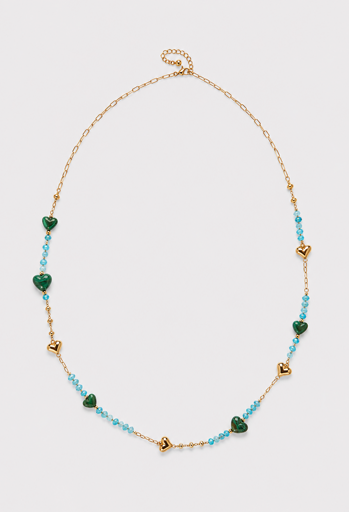 Collar largo de cadena dorada con corazones y cristales facetados - Azules