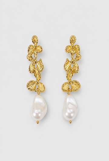Aretes Colgantes Flores y Perla Barroca Dorados