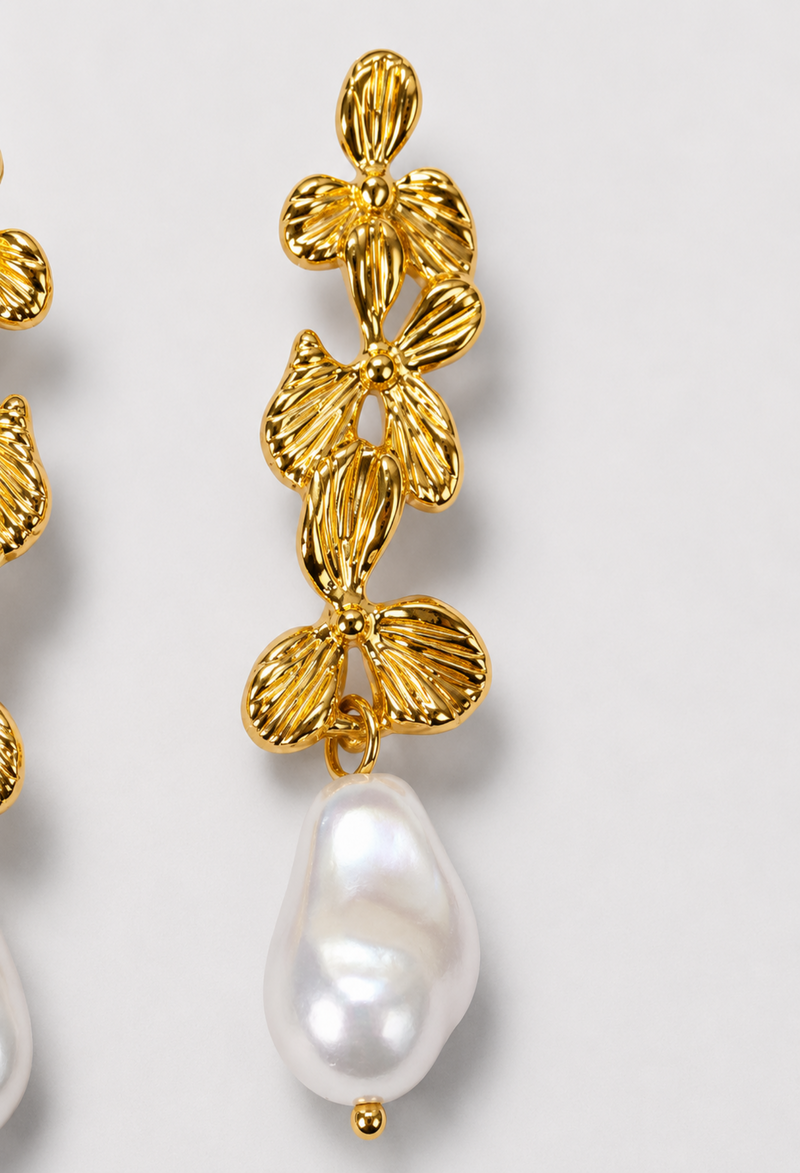 Aretes Colgantes Flores y Perla Barroca Dorados BYBLA - vista 2
