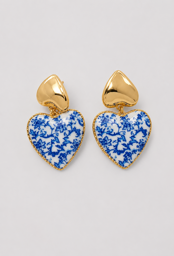 Aretes Corazón Porcelana Azul y Dorado