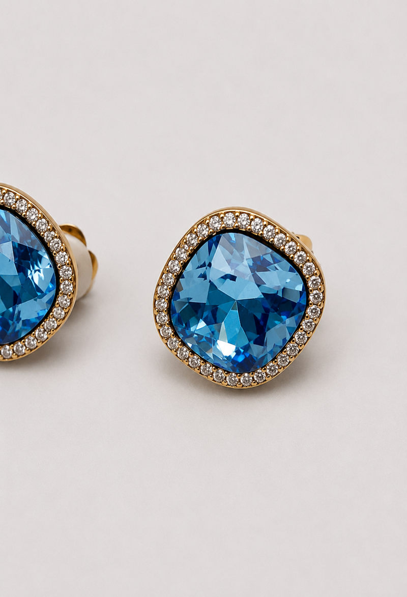 Aretes Topo Cristal Azul con Halo Dorado BYBLA - vista 2