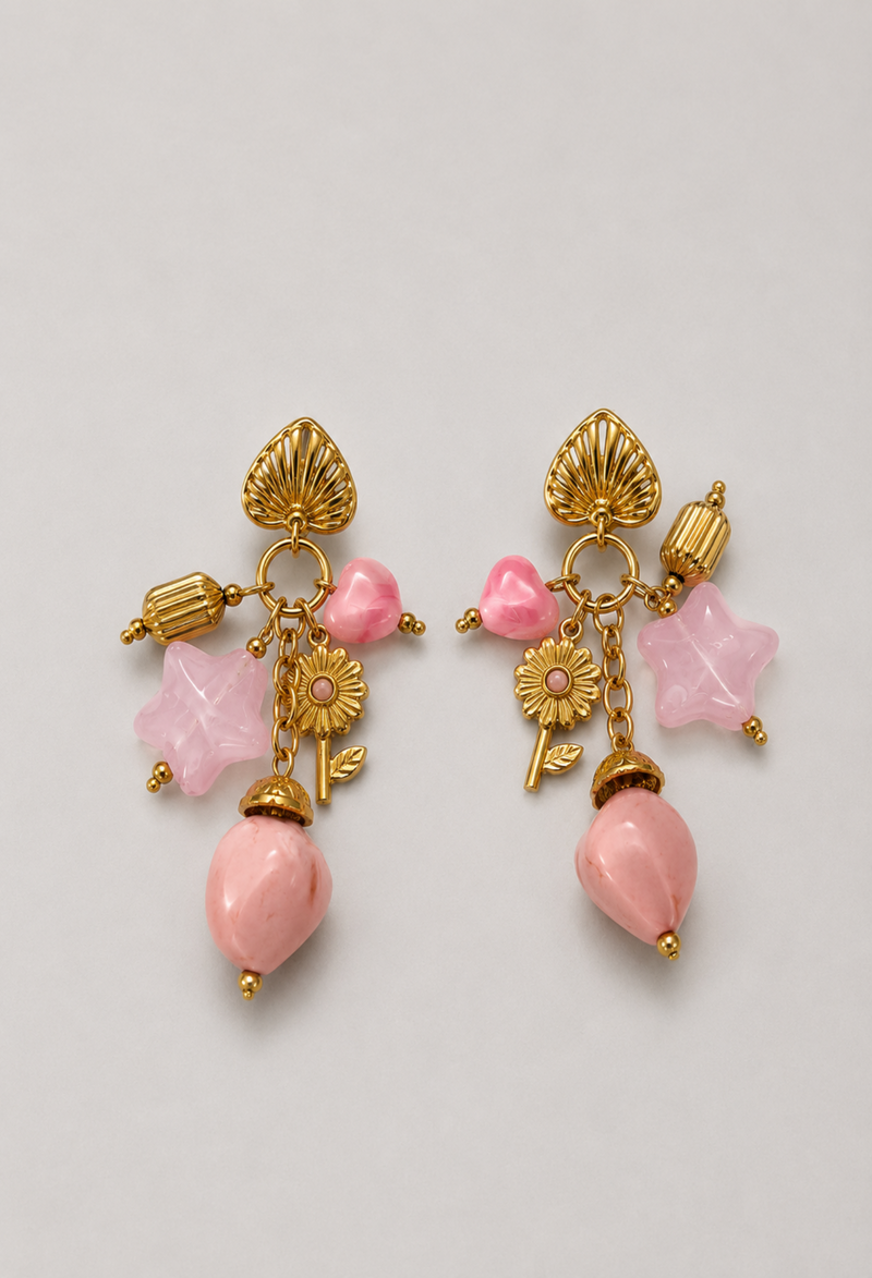 Aretes Colgantes Dijes Rosa y Dorado BYBLA