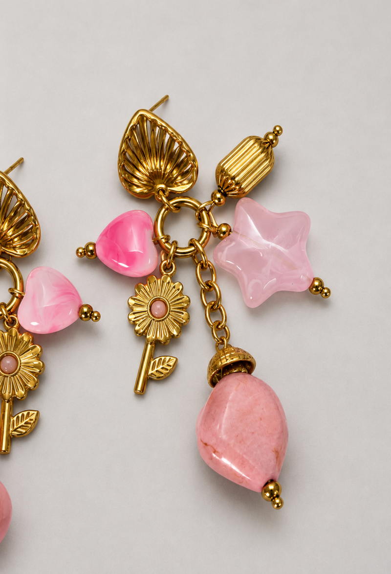 Aretes Colgantes Dijes Rosa y Dorado BYBLA - vista 2