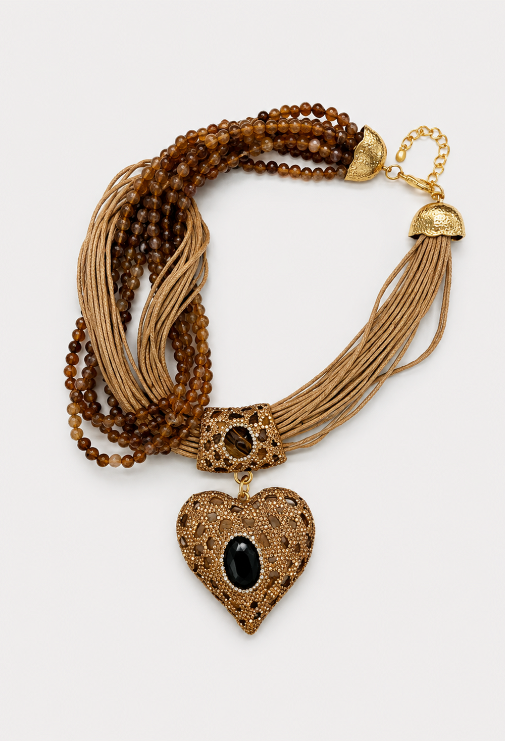 Collar statement artesanal con cuentas y detalles dorados - Marrones
