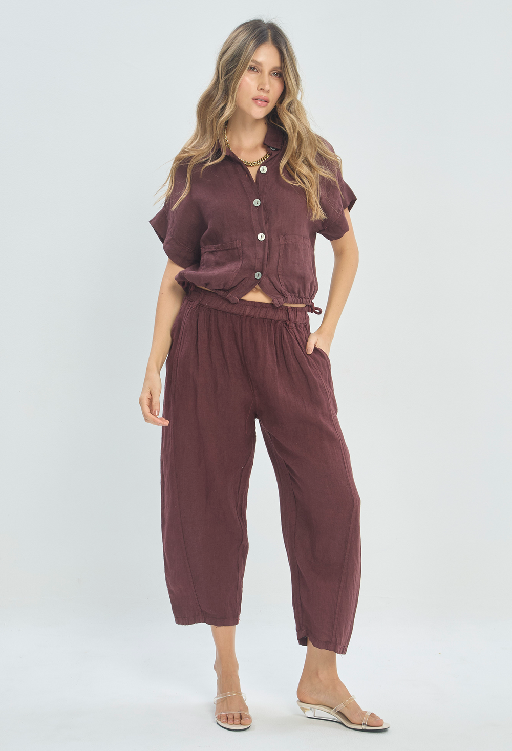 Pantalón Lino Tobillero Pretina Elástica Vinotinto BYBLA
