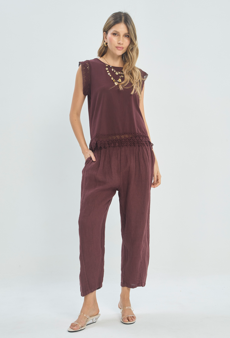 Pantalón Lino Tobillero Pretina Elástica Vinotinto BYBLA - vista 2