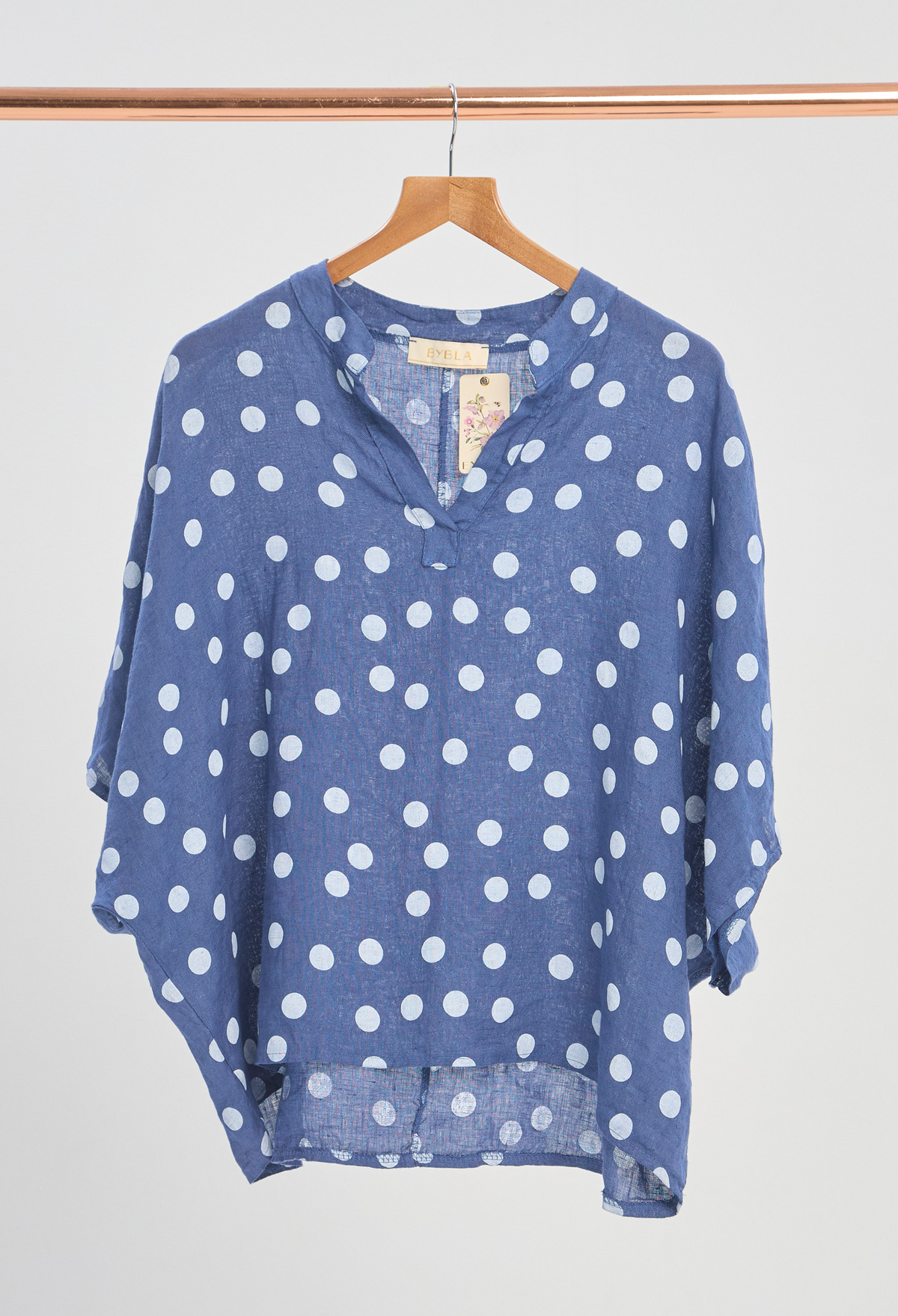 Blusa Lino Lunares Manga Corta Azul Oscuro BYBLA