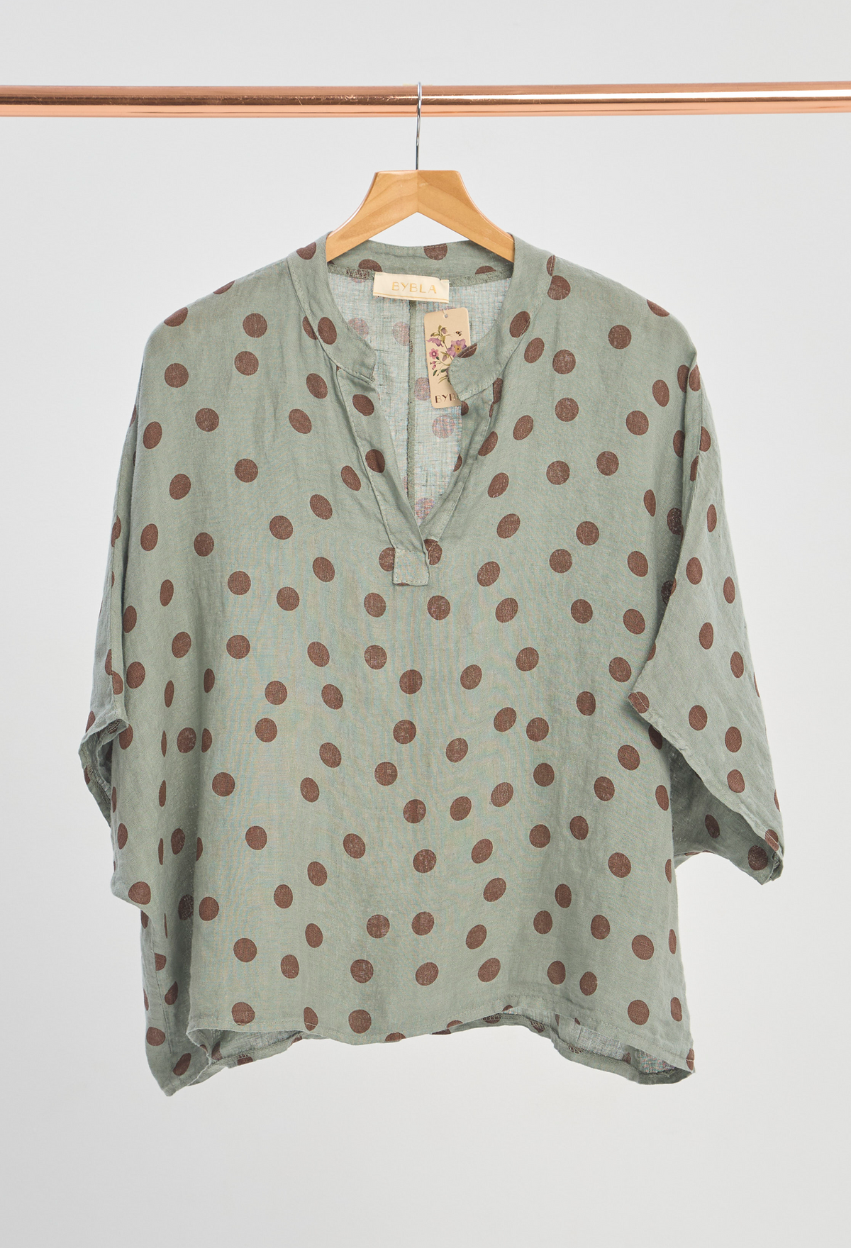 Blusa Lino Lunares Manga Corta Verde Salvia BYBLA
