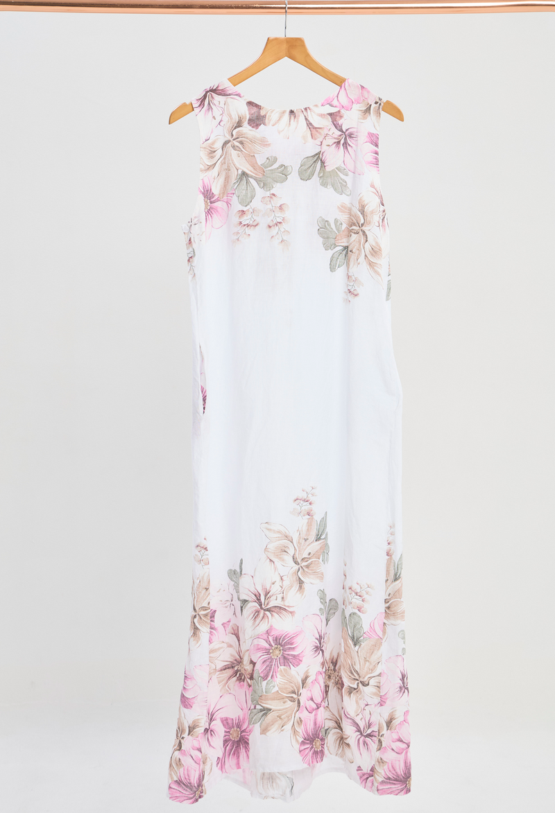 Vestido Largo Lino Floral Blanco BYBLA