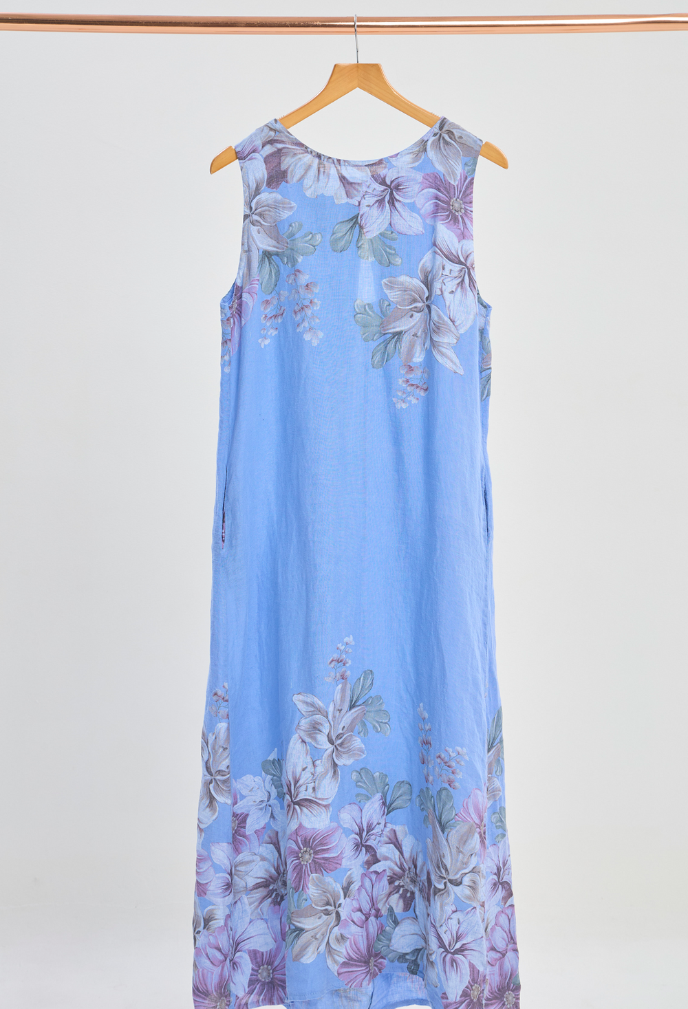 Vestido Largo Lino Floral Azul BYBLA