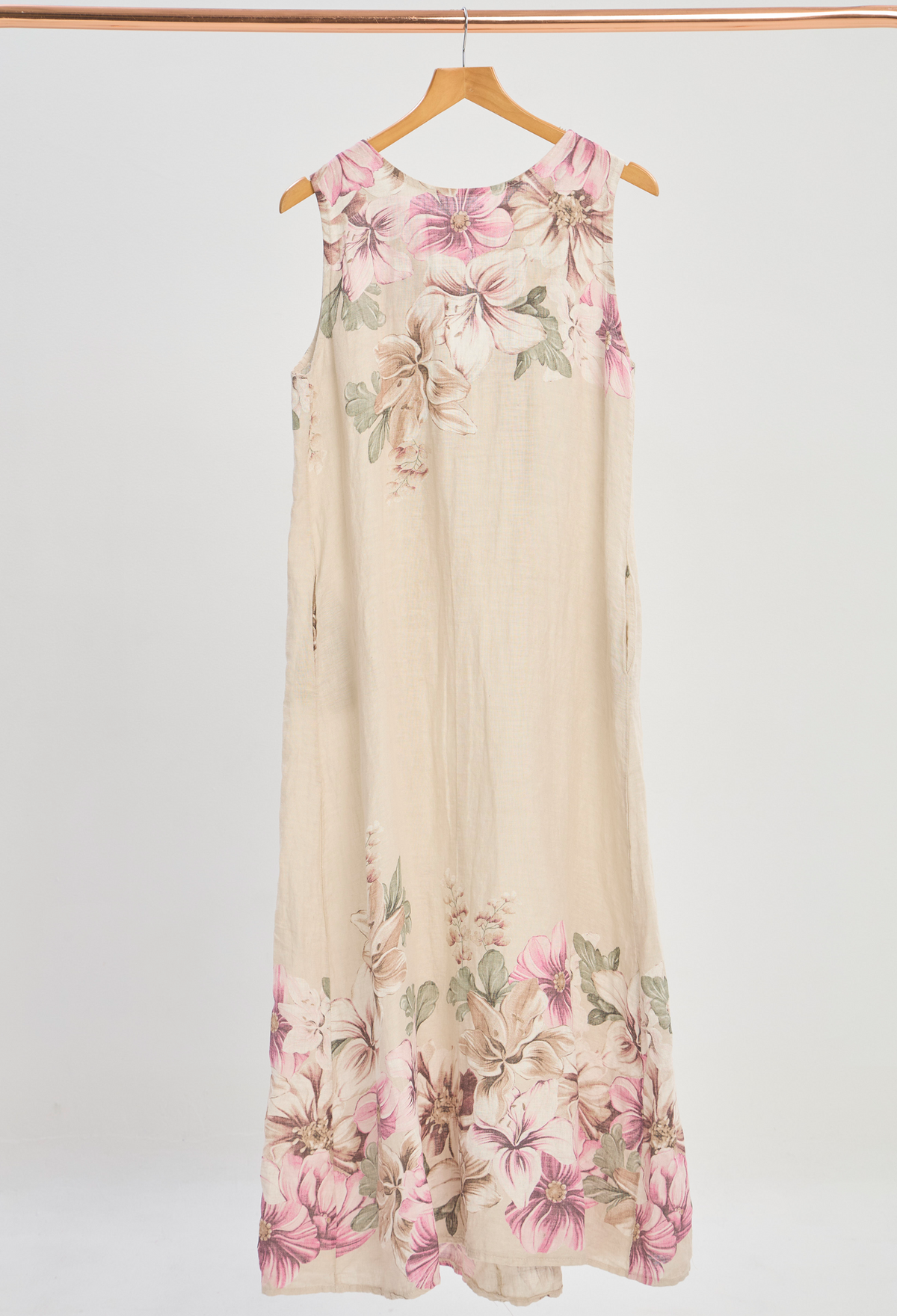 Vestido Largo Lino Floral Beige BYBLA