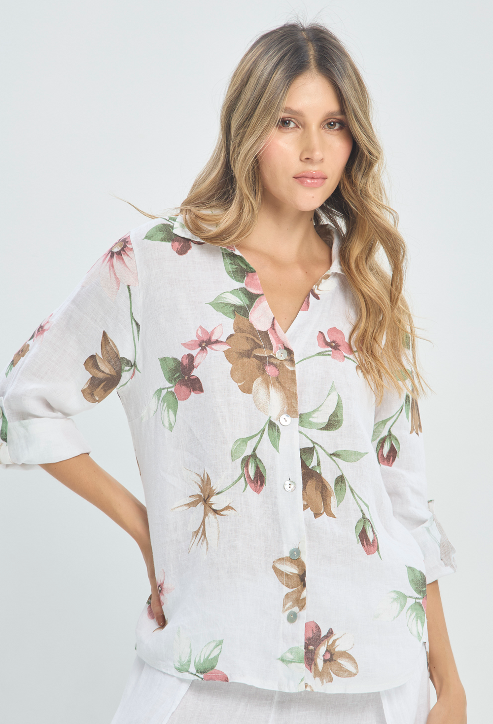 Blusa Lino Estampado Floral Blanca BYBLA