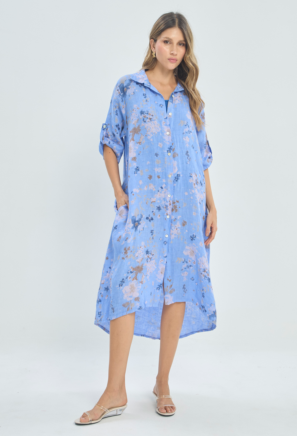 Vestido Camisero Lino Floral Azul BYBLA
