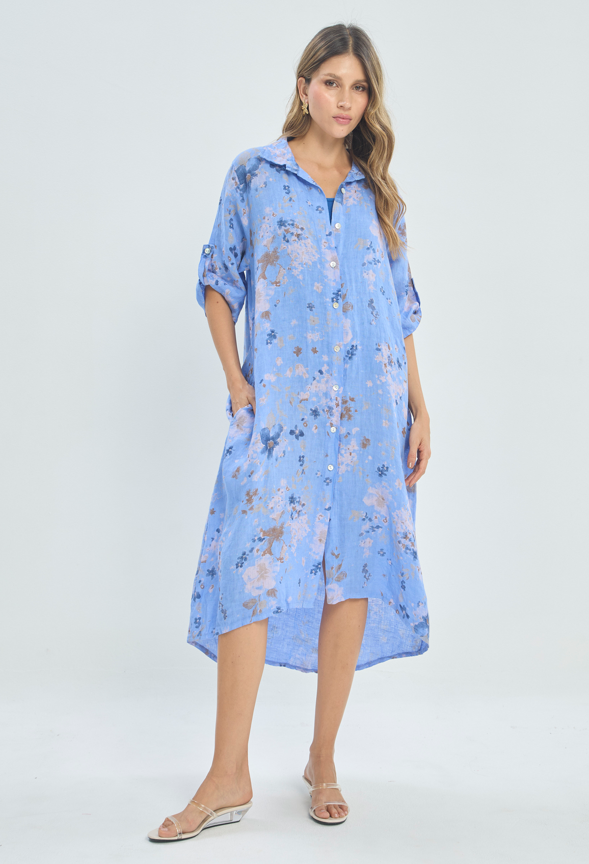 Vestido Camisero Lino Floral Azul BYBLA