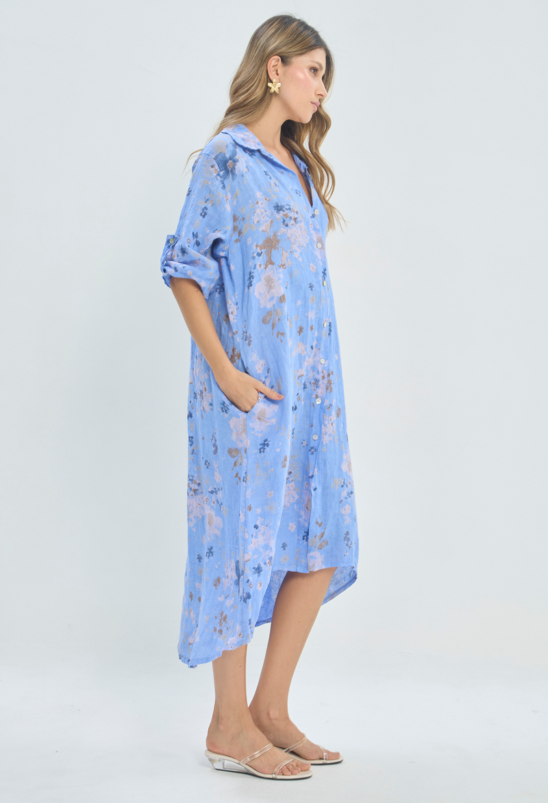 Vestido Camisero Lino Floral Azul BYBLA - vista 2