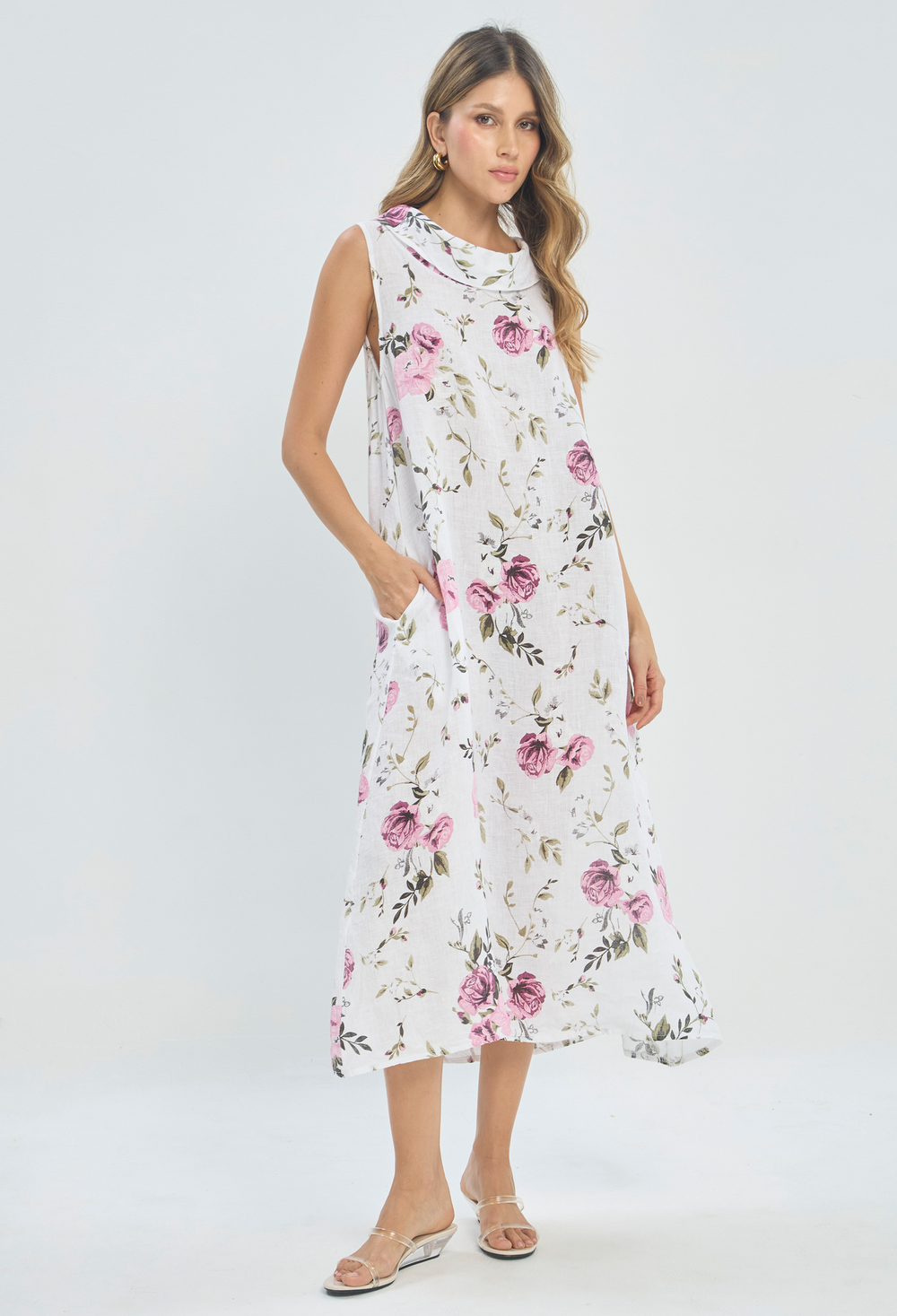 Vestido Largo Rosas Blanco BYBLA