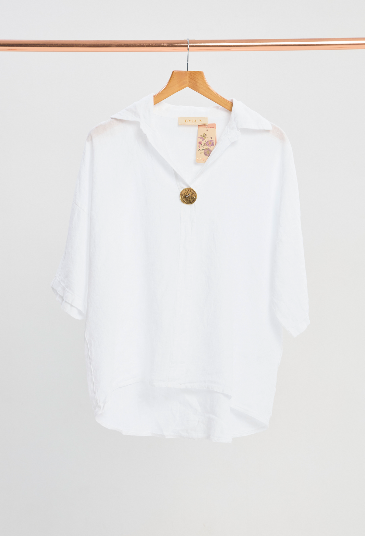 Blusa Lino Manga 3/4 Botón Dorado Blanco BYBLA