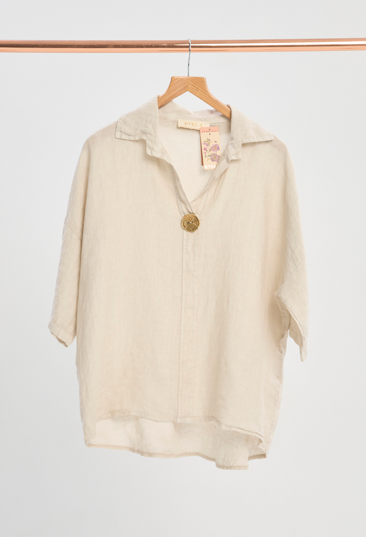 Blusa Lino Manga 3/4 Botón Dorado Kaki BYBLA