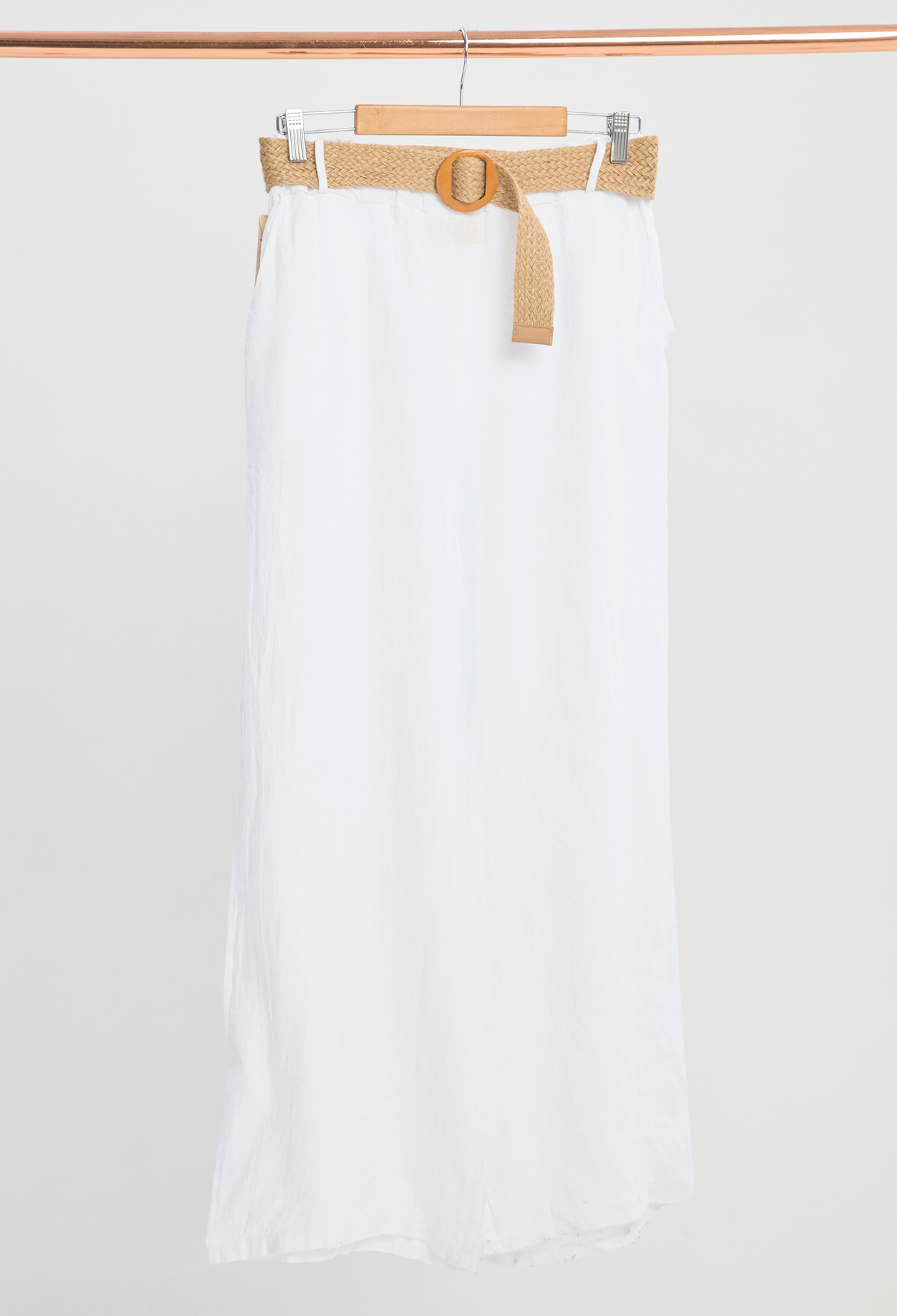 Pantalón Lino Cinturón Blanco BYBLA