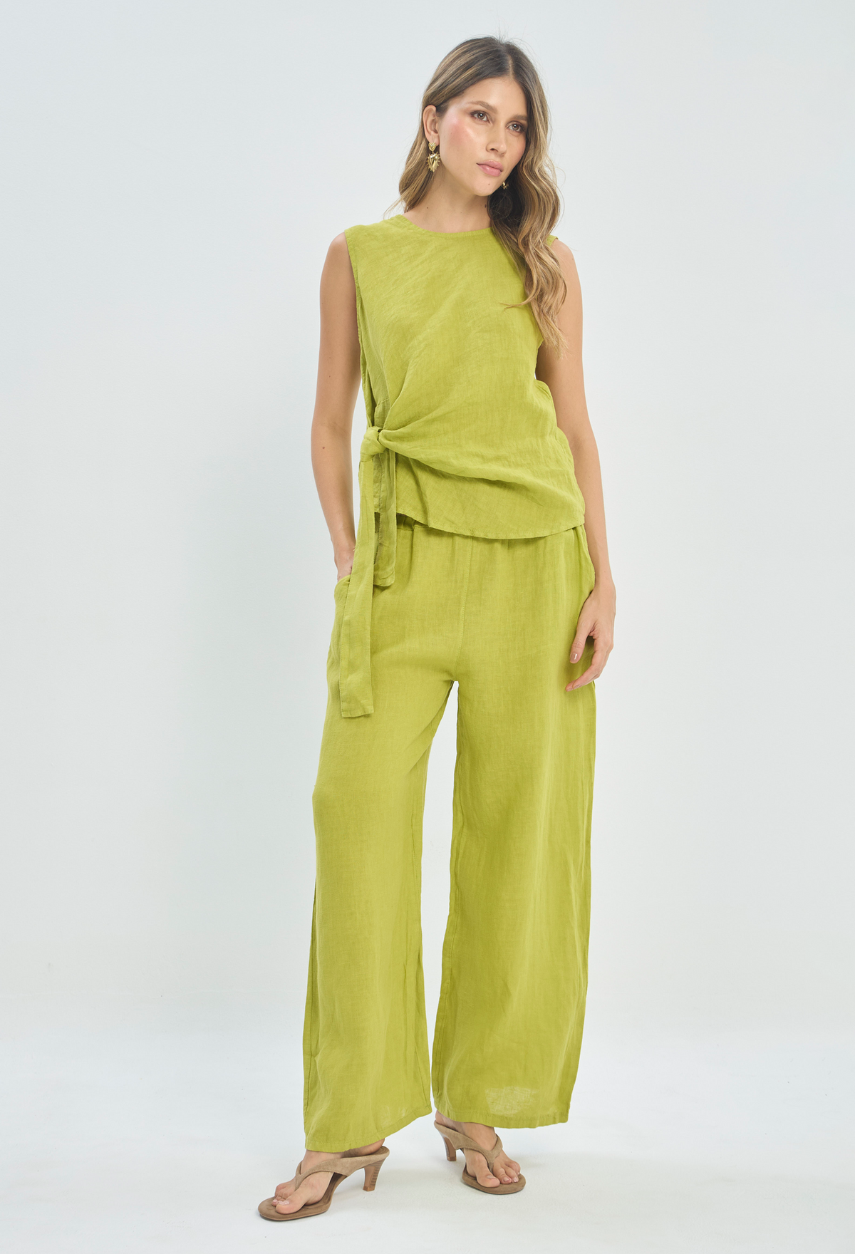 Pantalón Lino Cinturón Verde Limón BYBLA