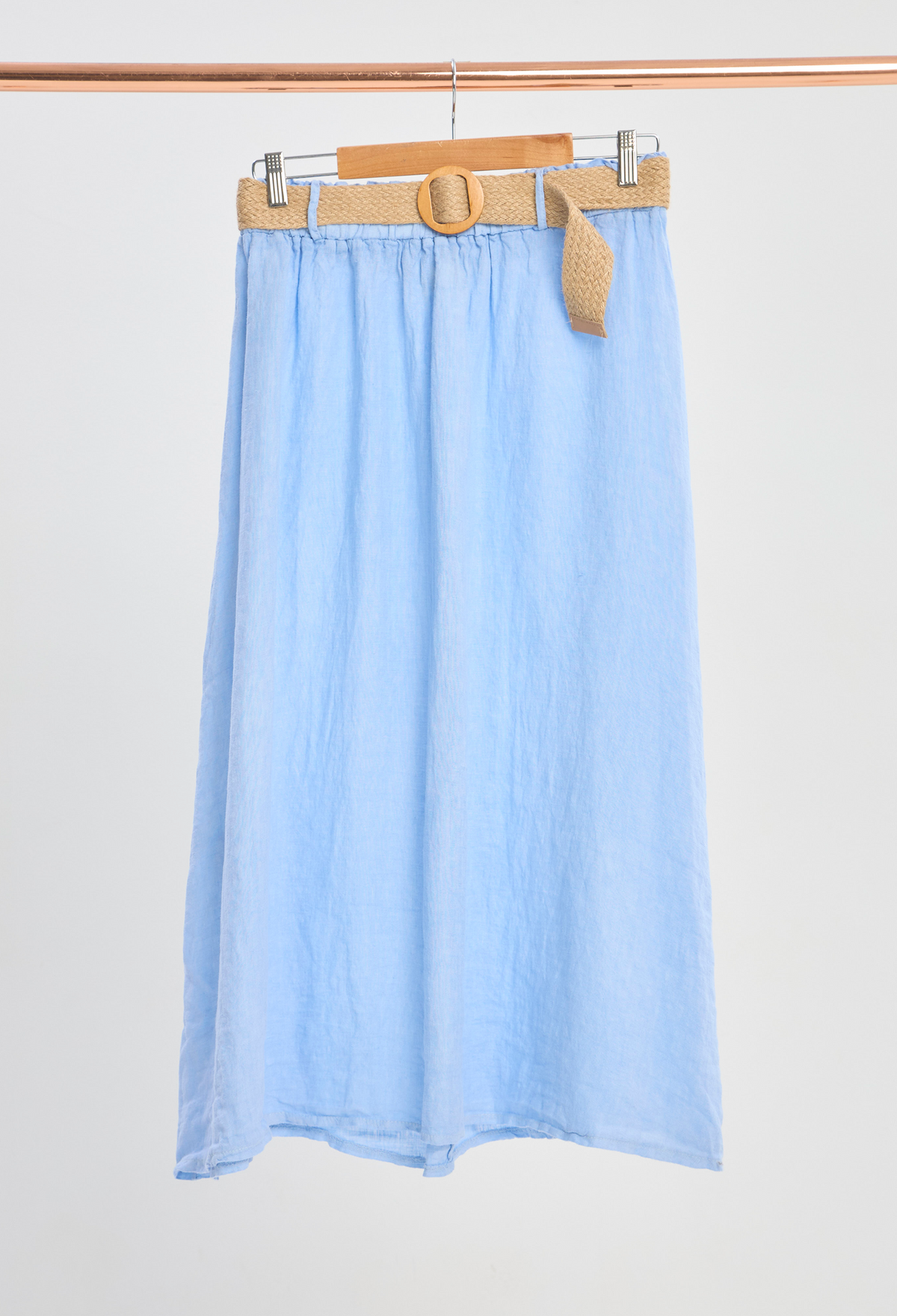 Falda Larga Lino con Cinturón Azul Cielo BYBLA