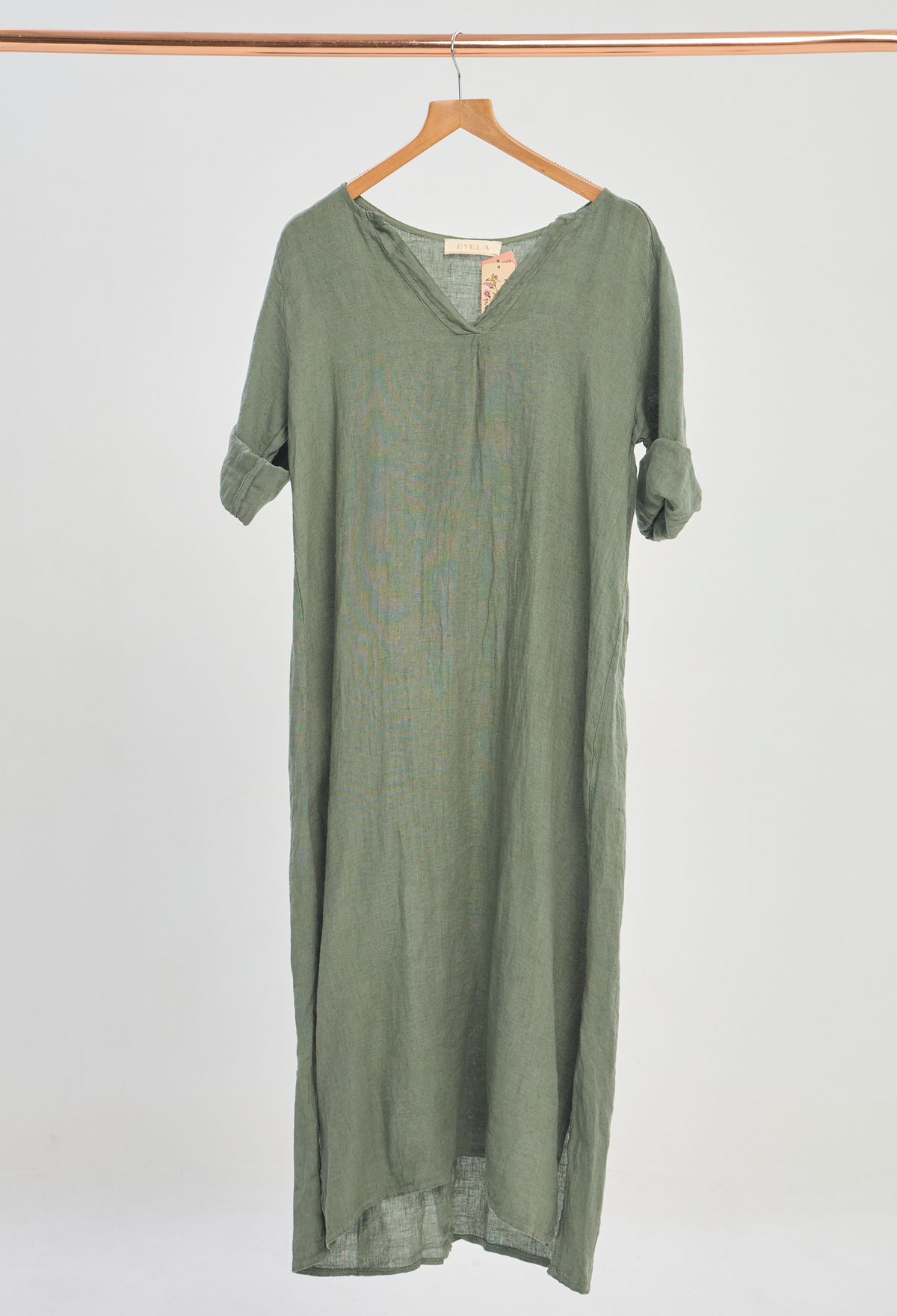 Vestido Largo en Lino Verde Militar BYBLA