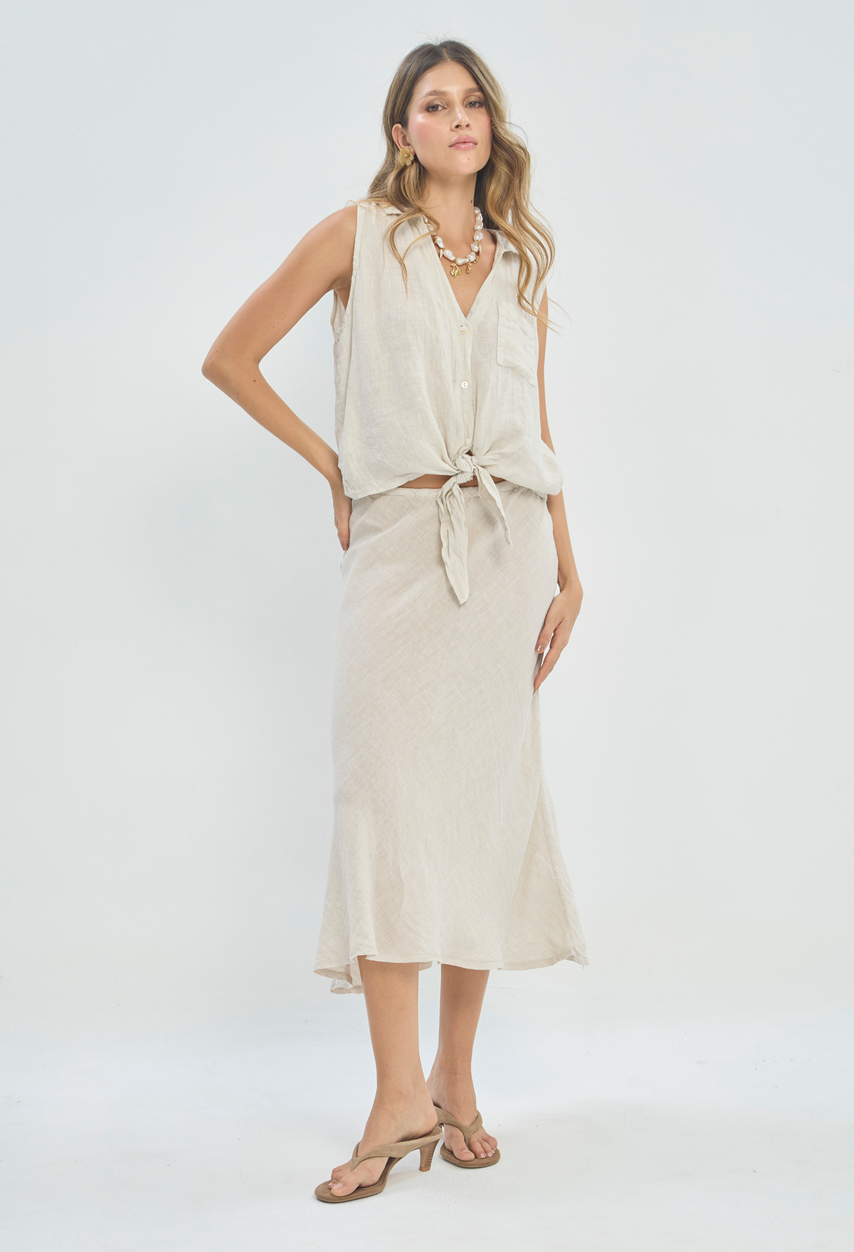 Falda Larga en Lino Beige BYBLA