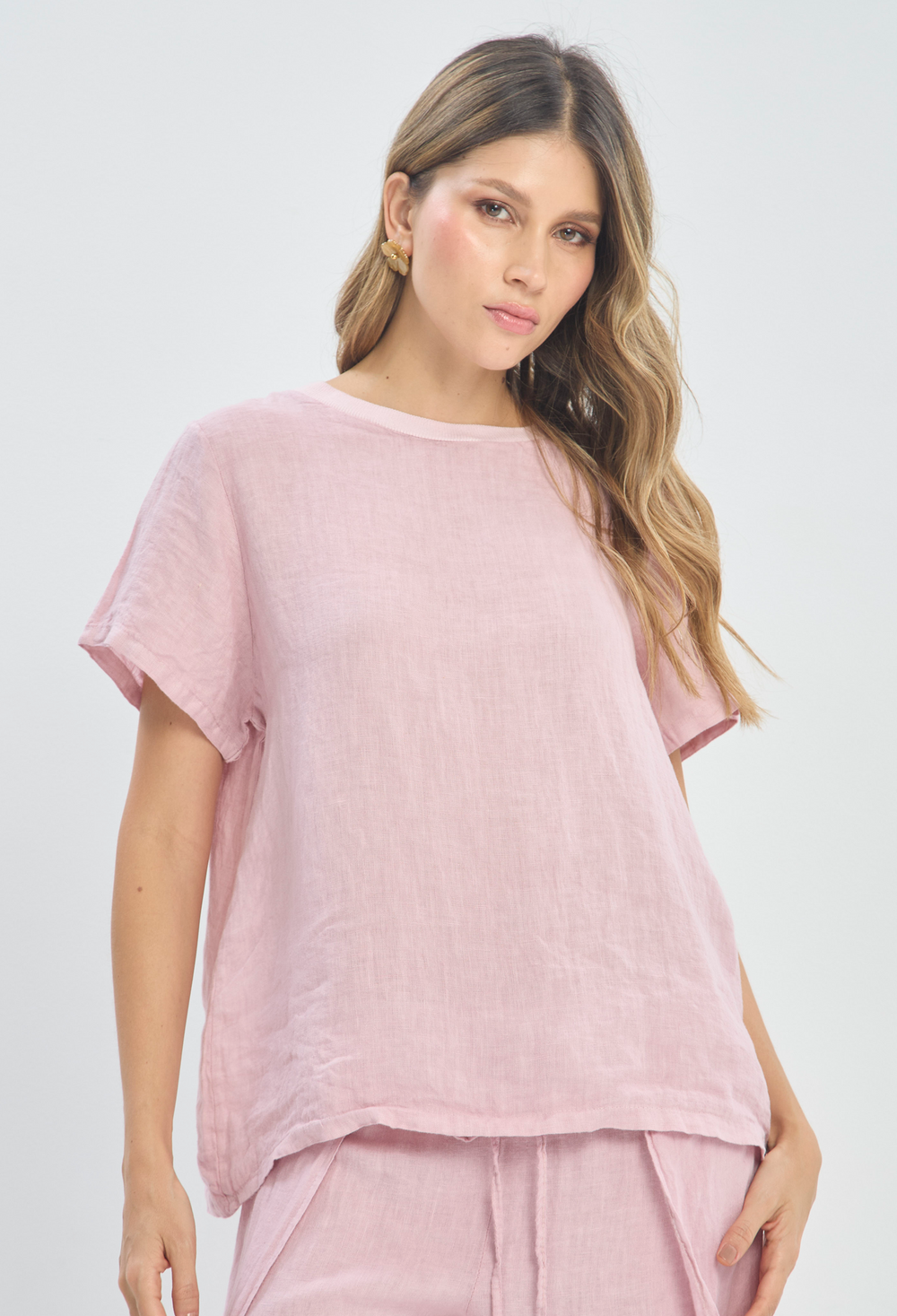 Blusa Lino Manga Corta Rosa BYBLA