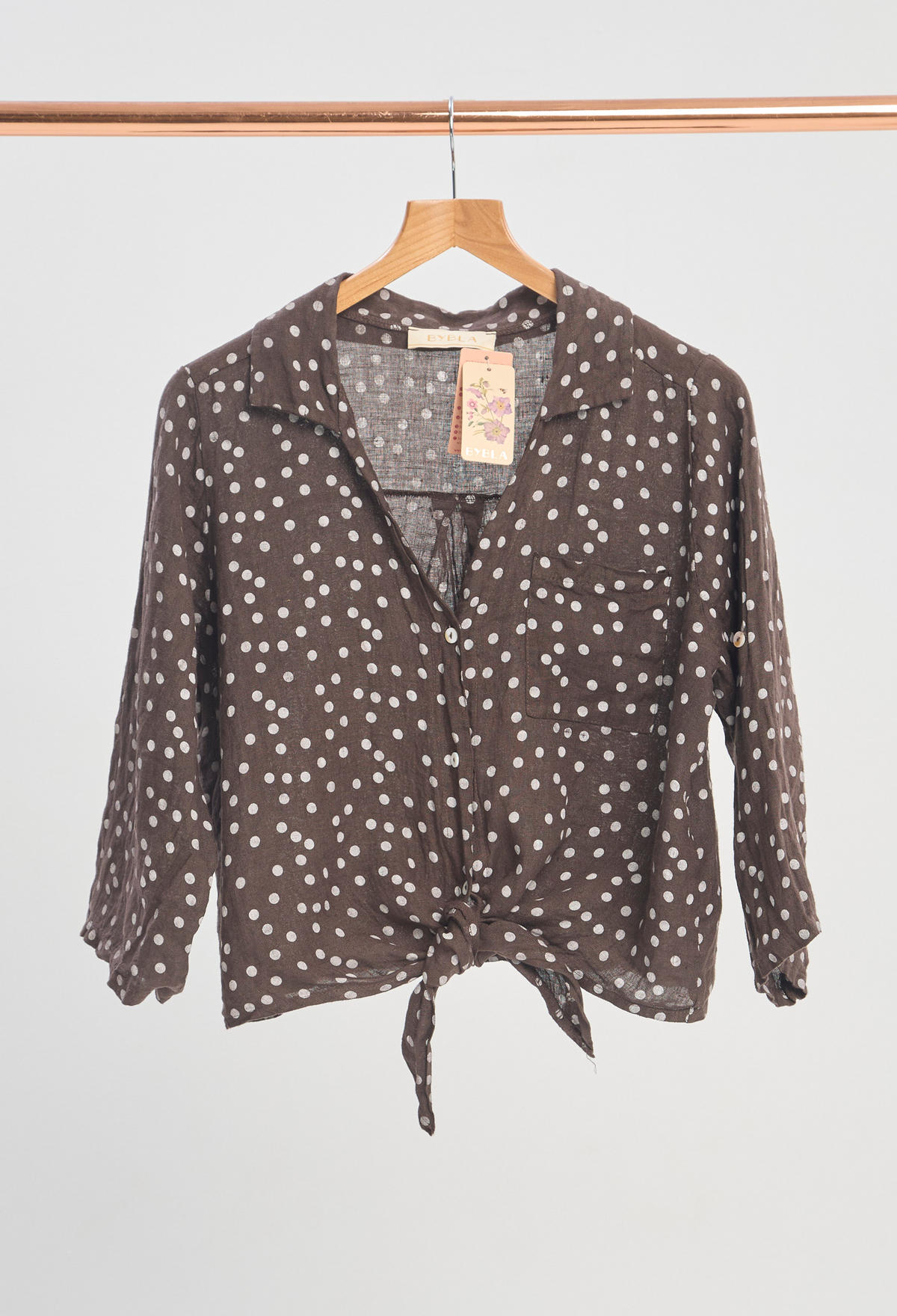 Blusa Lino Lunares Anudada Café BYBLA