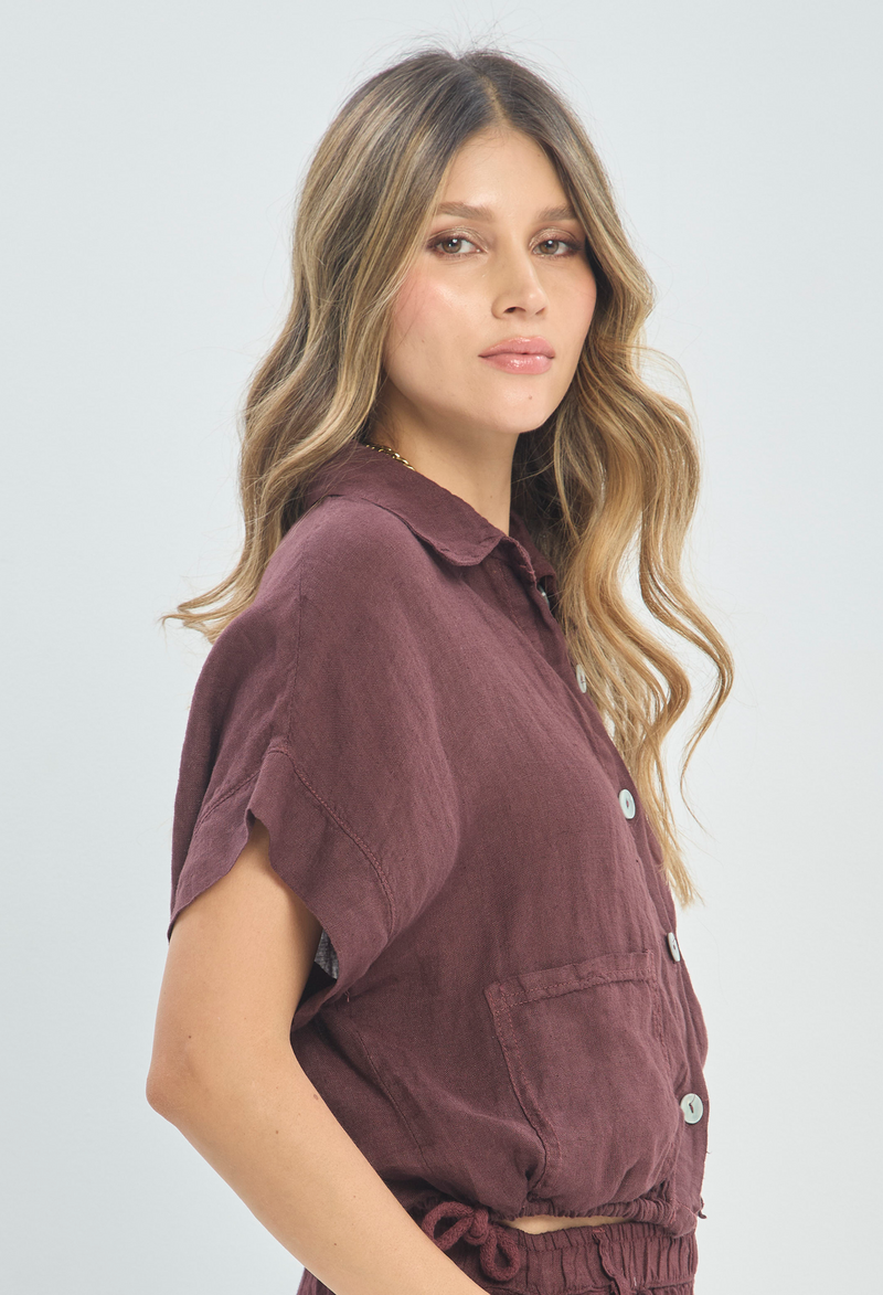 Blusa Lino Manga Corta con Cordón Vinotinto BYBLA - vista 2